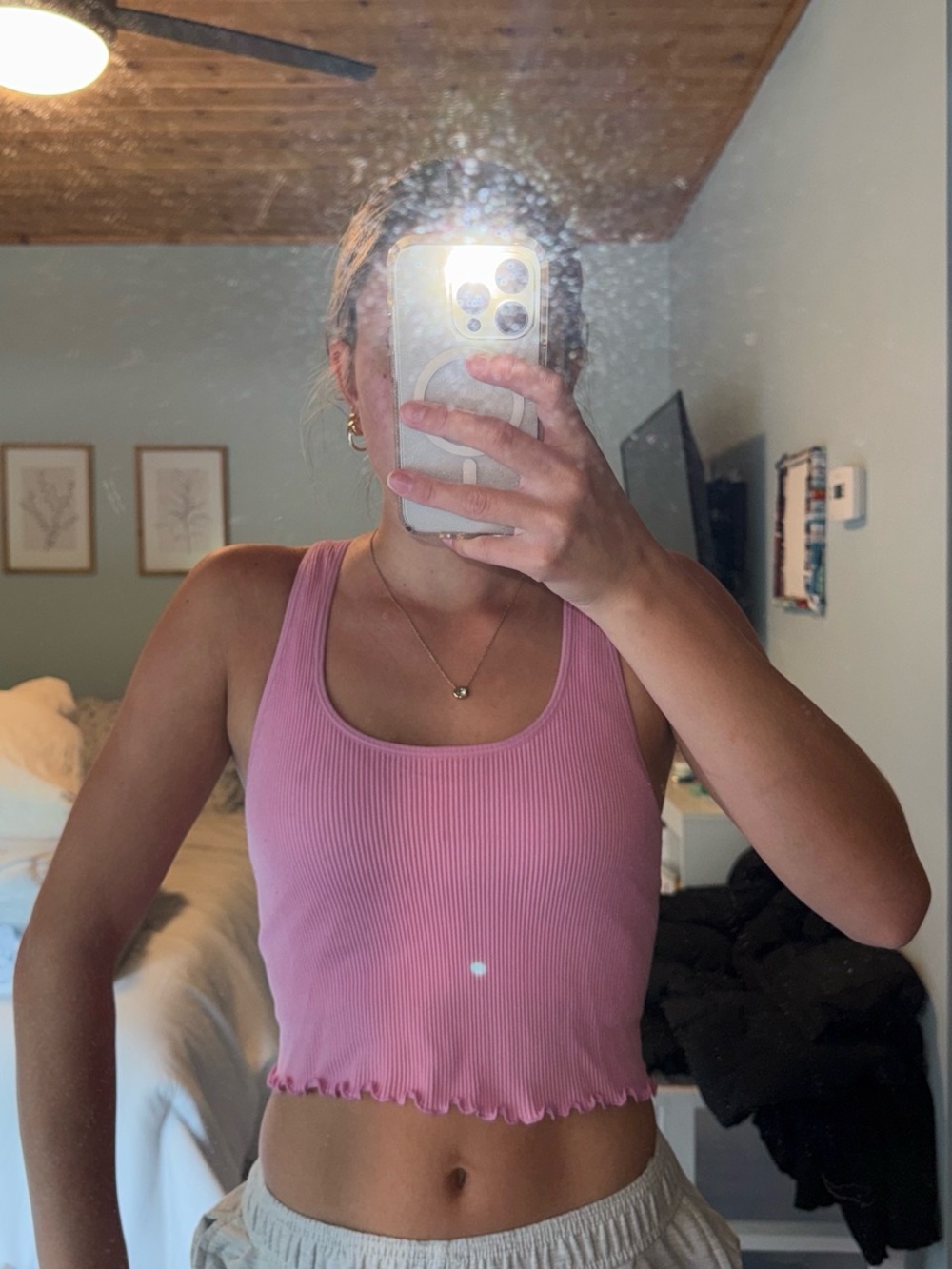 Yogalicious Pink Ribbed Lettuce-Edge Crop Tank